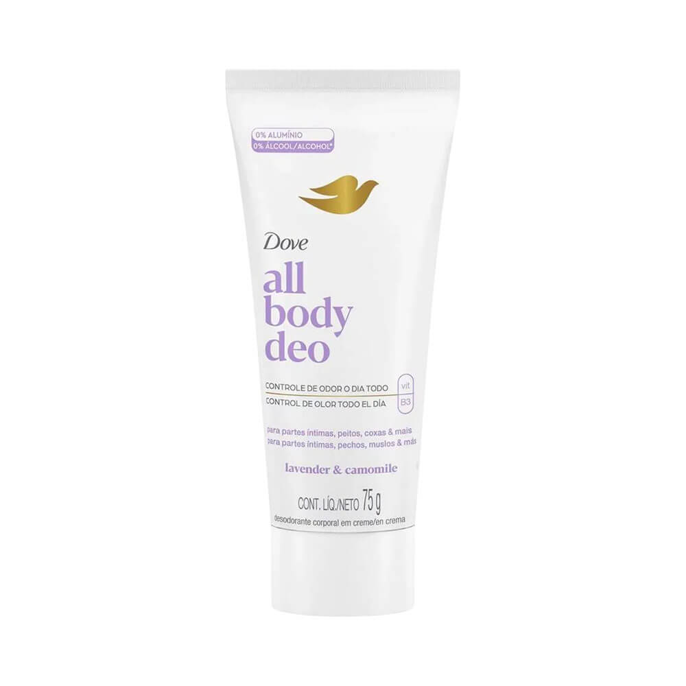 Desodorante creme Dove All Body Deo Lavander e Camomile 75g em bisnaga branca com detalhes lilás e dourado